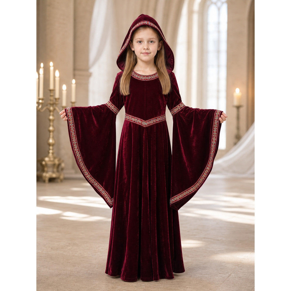 Halloween Vampire Costume — Burgundy Hooded Cloak lifestyle view