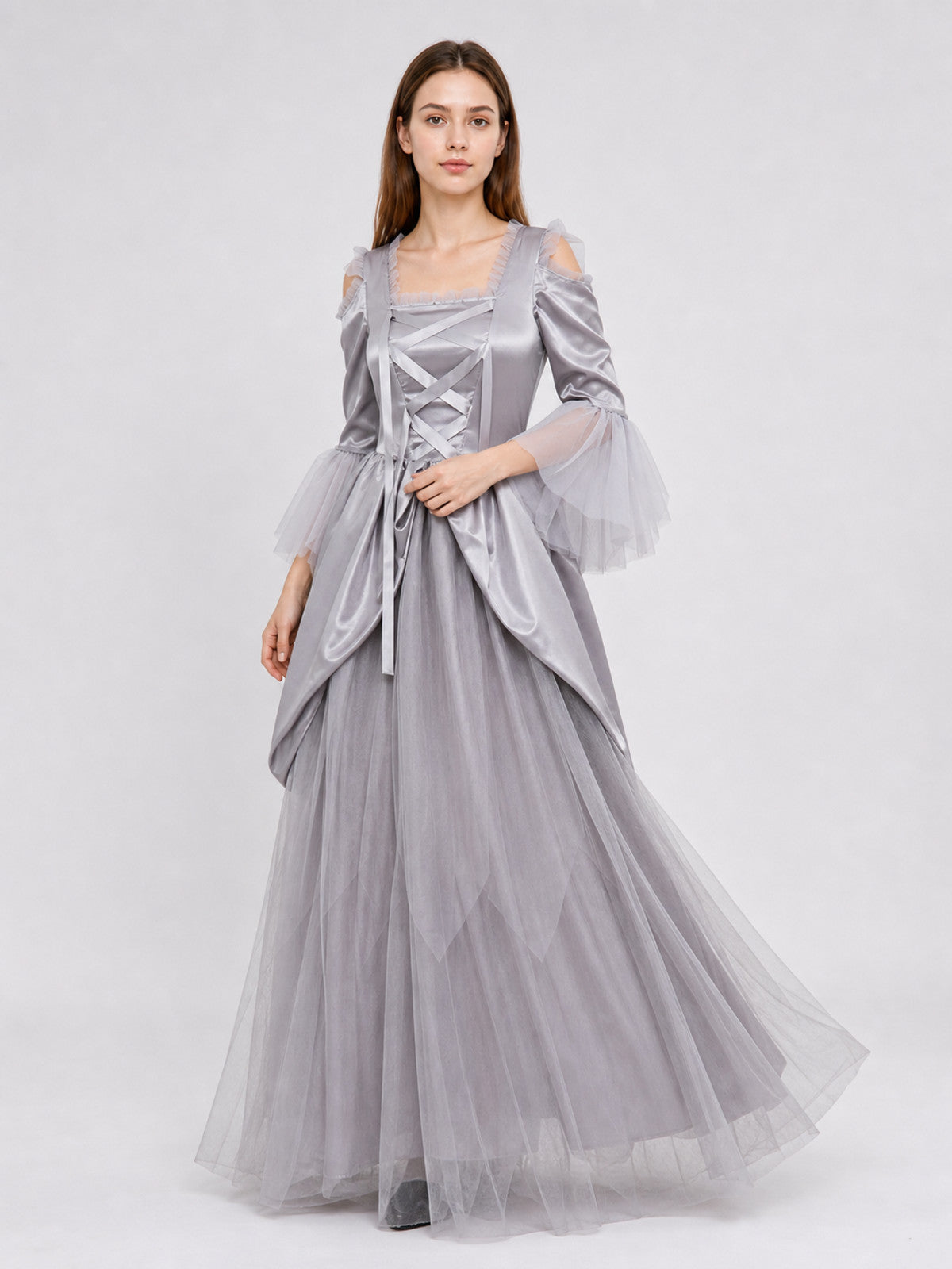 Gray Cloak Dress with Sleeves and Crisscross Lacing
