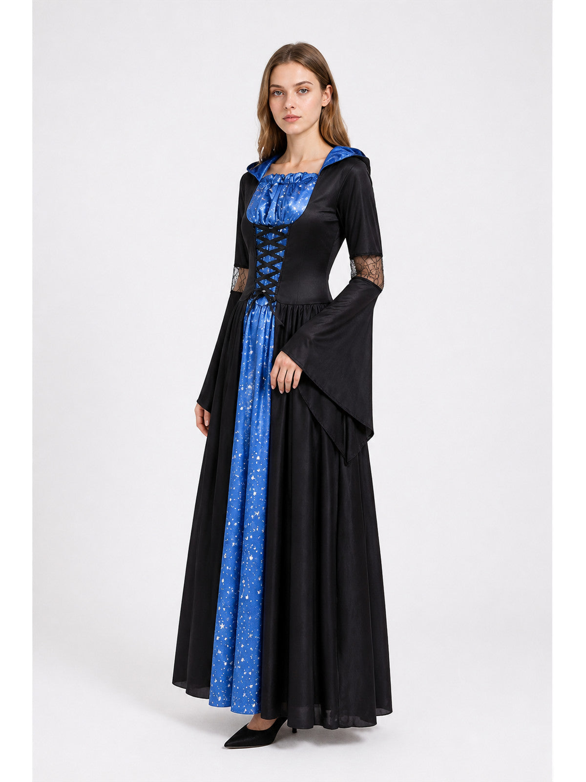 Long Black and Blue Witch Dress with Hood and Stars Costume Dresses detail