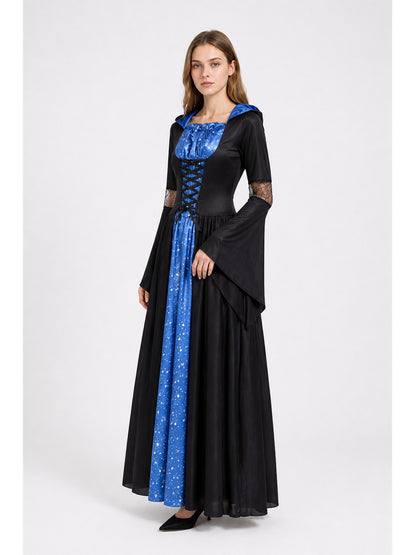 Long Black and Blue Witch Dress with Hood and Stars Costume Dresses detail