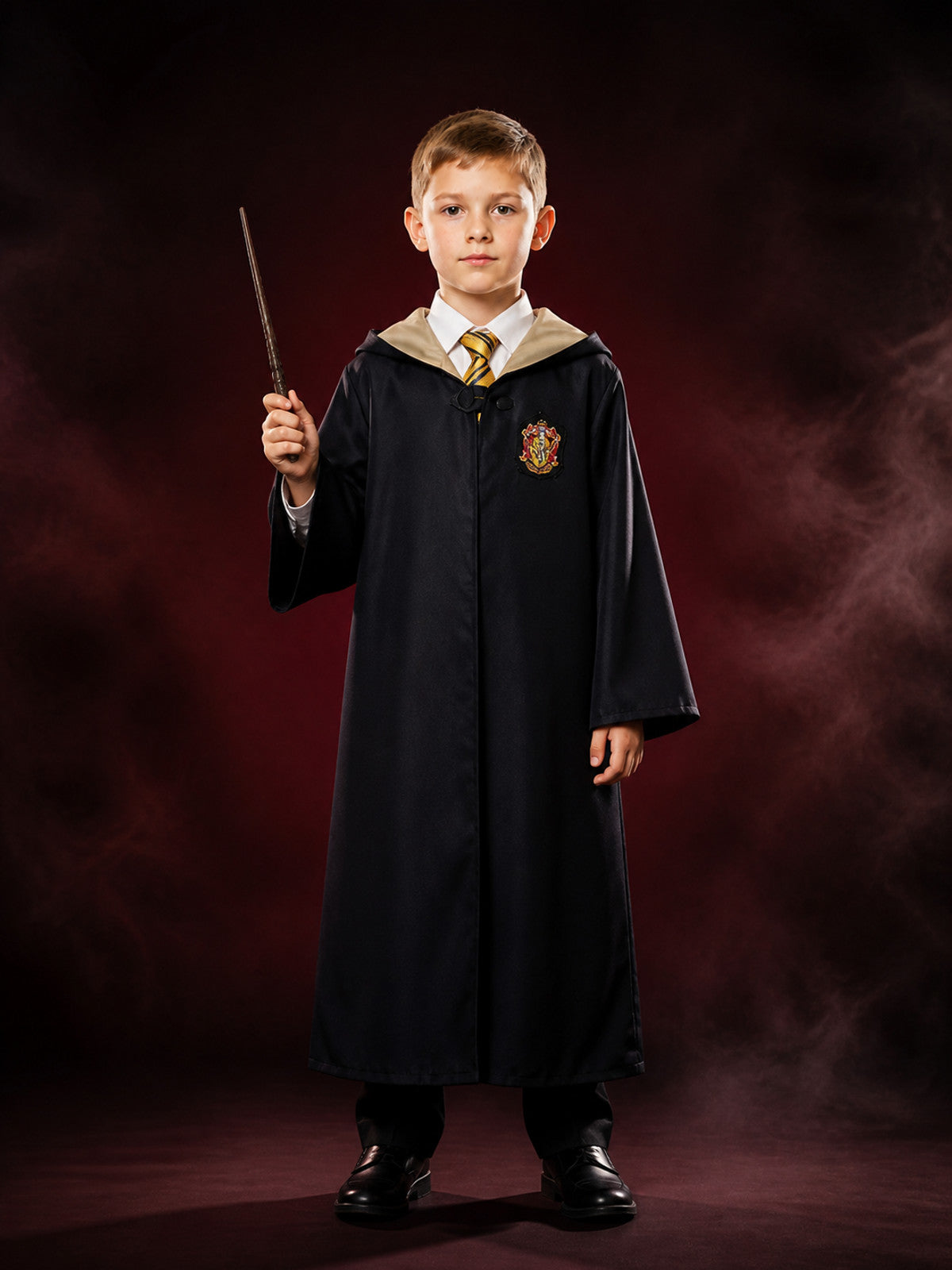 Children's Hufflepuff Wizard Robe Costume Set With Hooded Robe And Striped Tie main product view