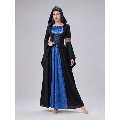 This costume is designed to create a witch, vampire, or ghostly character look for Halloween and themed role-playing events. The design features a black-and-blue color combination and consists of a long dress with a hood and long sleeves. T