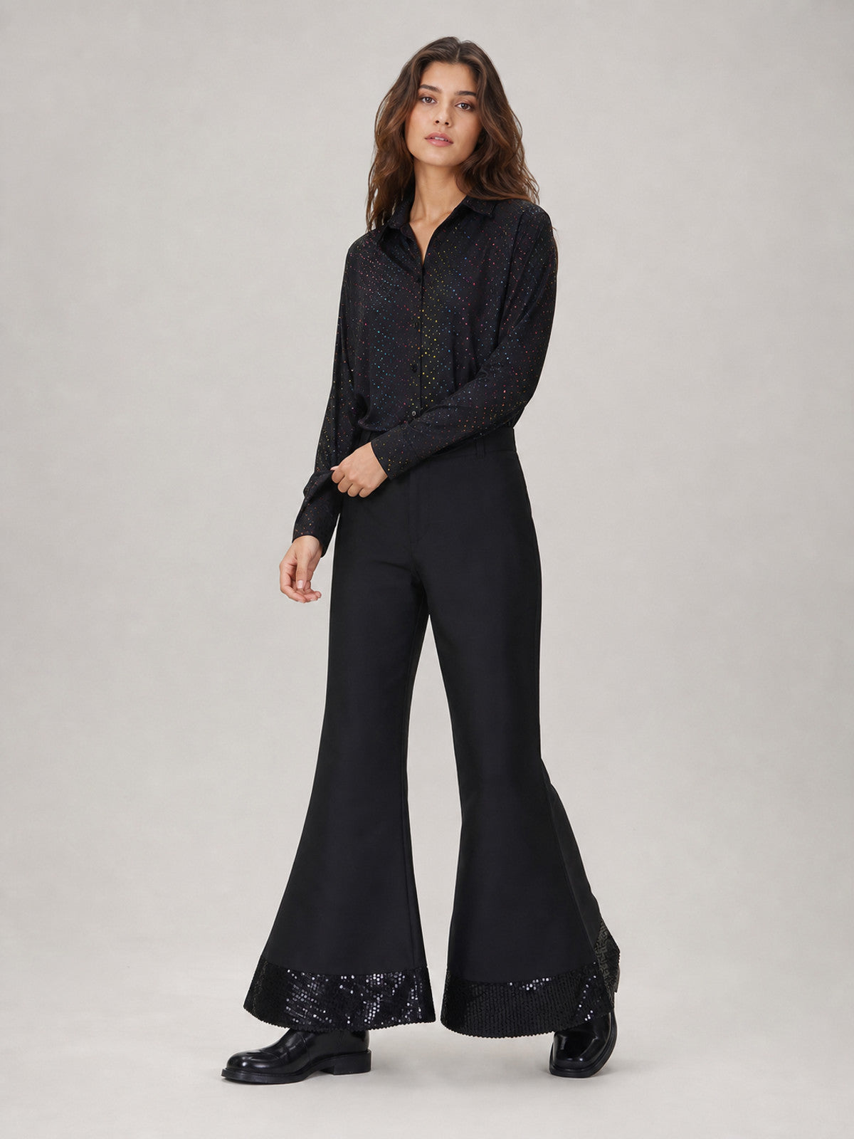 Retro disco-style stage performance costume. The set includes a black