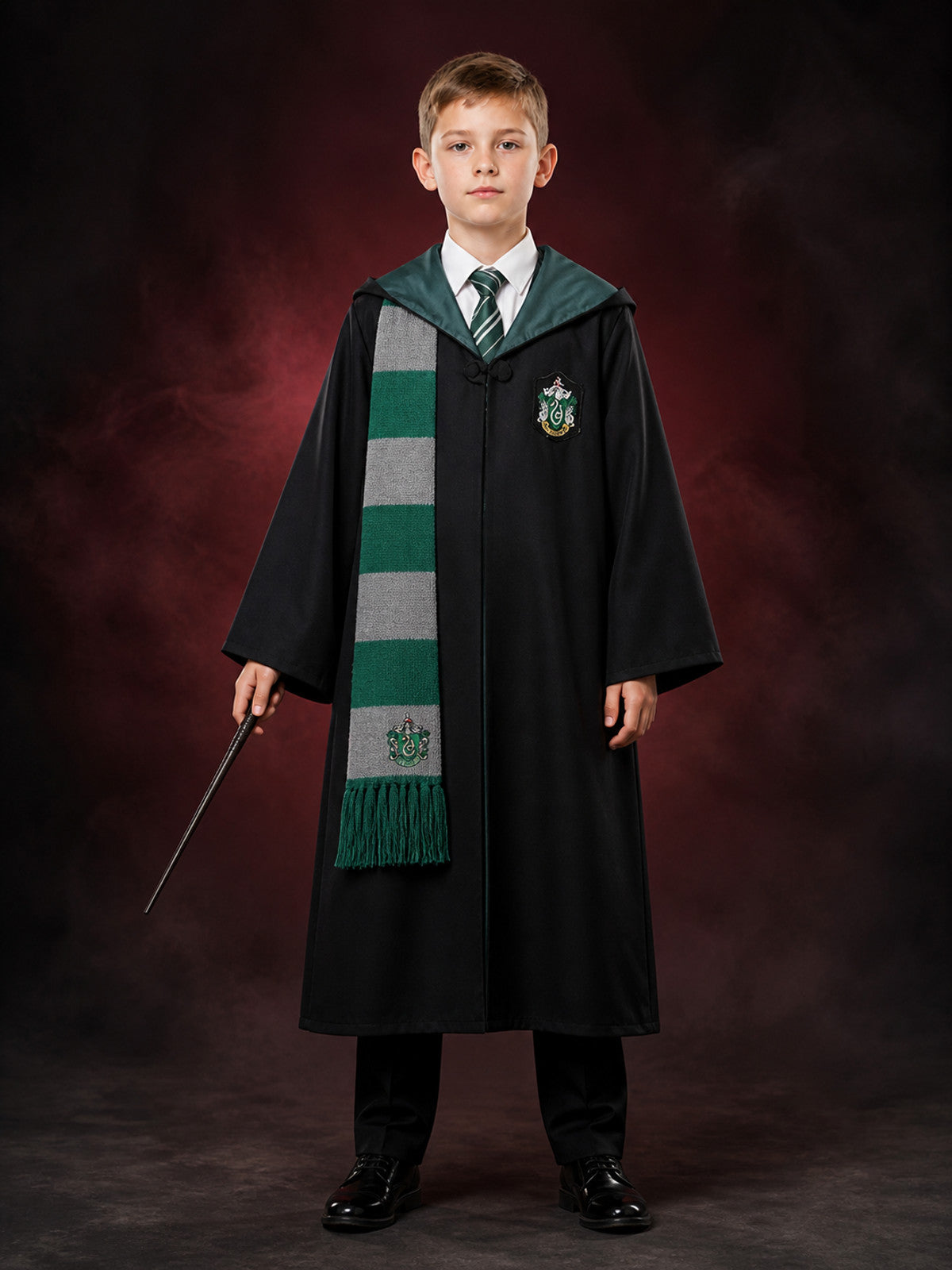 Wizard Costume Set, Hooded Robe With Tie And Scarf, Green And Gray main product view