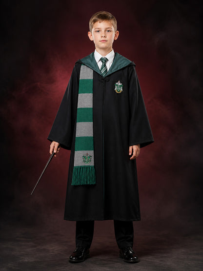 Wizard Costume Set, Hooded Robe With Tie And Scarf, Green And Gray main product view