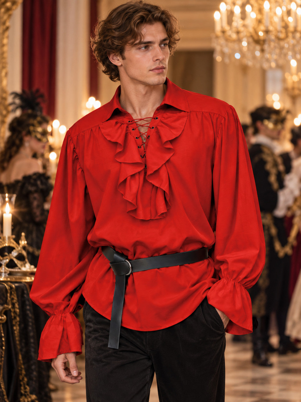 Red shirt with a jabot and lacing, puffy sleeves
