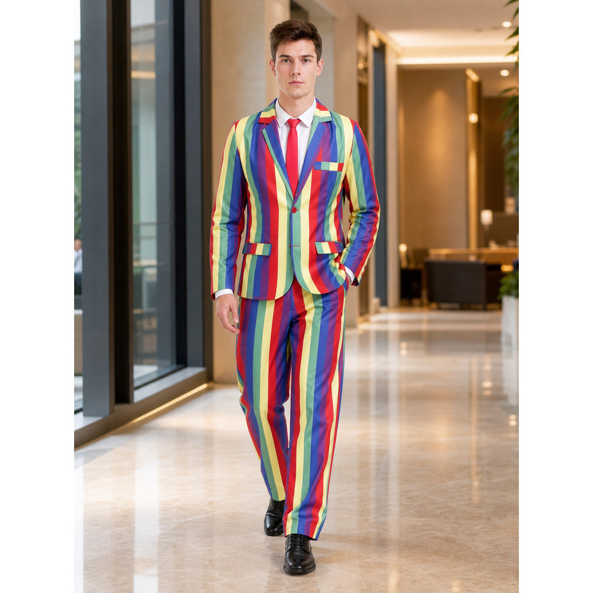 Striped multicolor blazer and pants set—a bold choice for a festive look lifestyle
