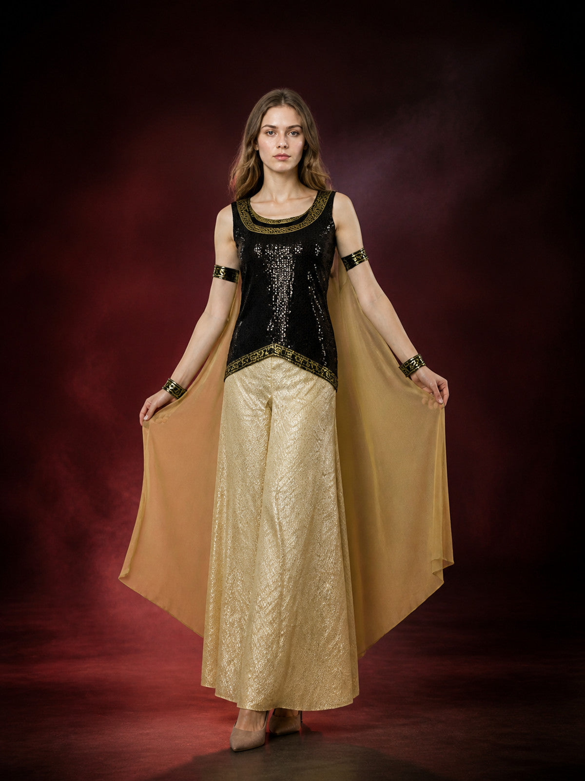 Cleopatra Costume, Black Sequined Top With Gold Long Skirt And Flowing Cape main product view