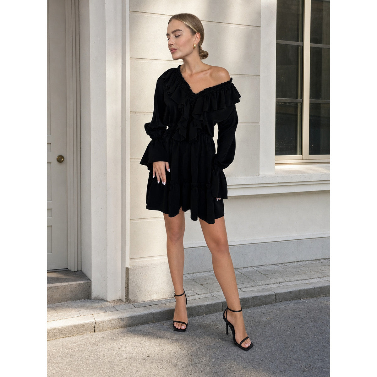 Women’s Black Off-the-Shoulder Dress with Ruffles