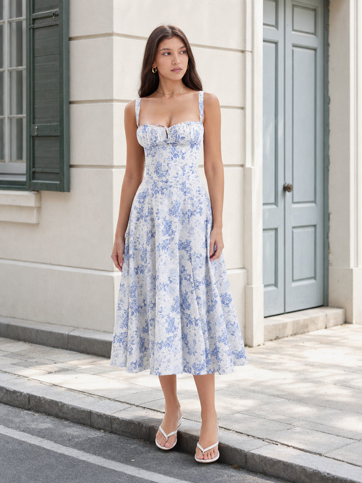 Women's Floral-Print Midi Dress with Thin Straps