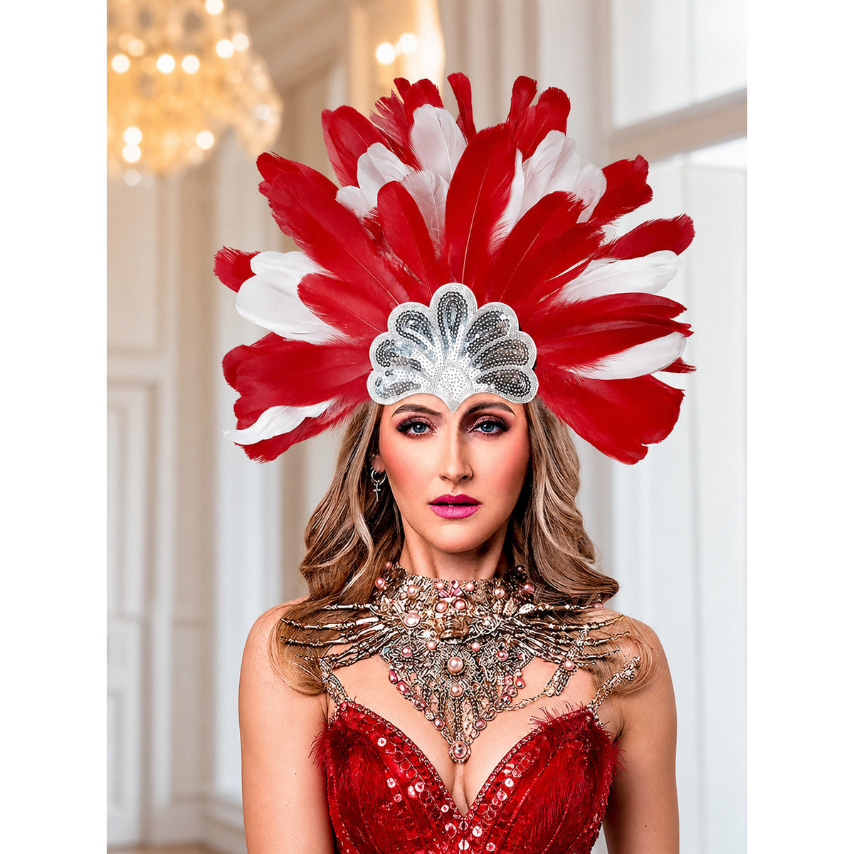 Carnival Headpiece with Red and White Feathers lifestyle