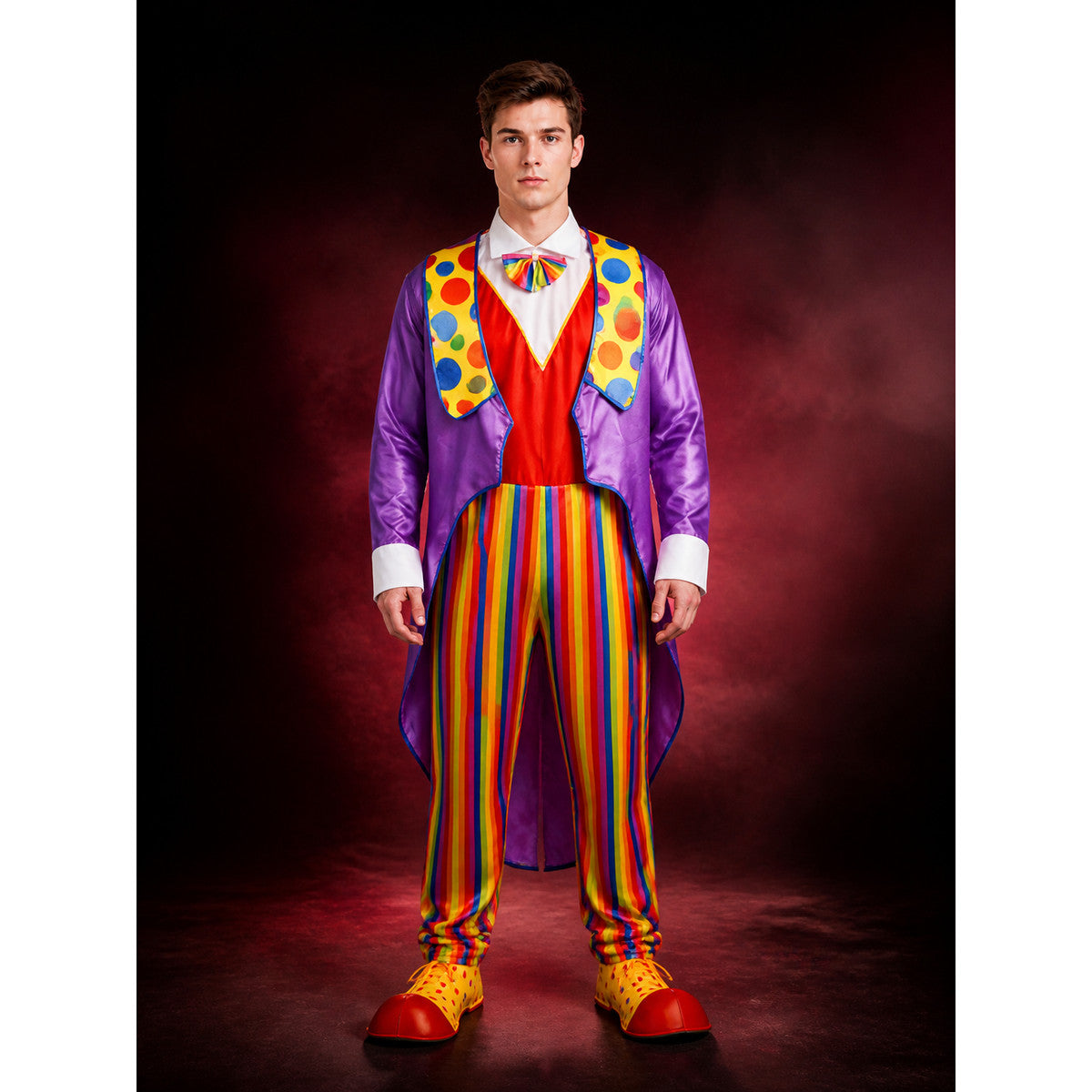 Adult Unisex Clown Halloween Costume Set with Colorful Striped Jumpsuit and lifestyle