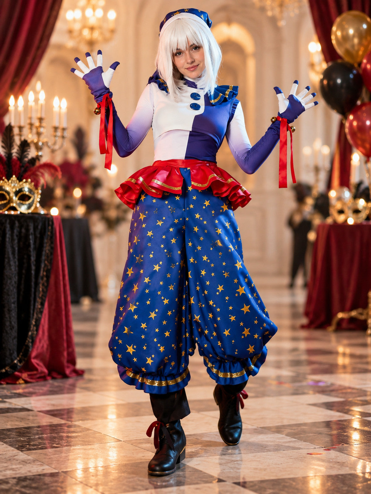 White and Blue Clown Costume with Gold Stars for Cosplay