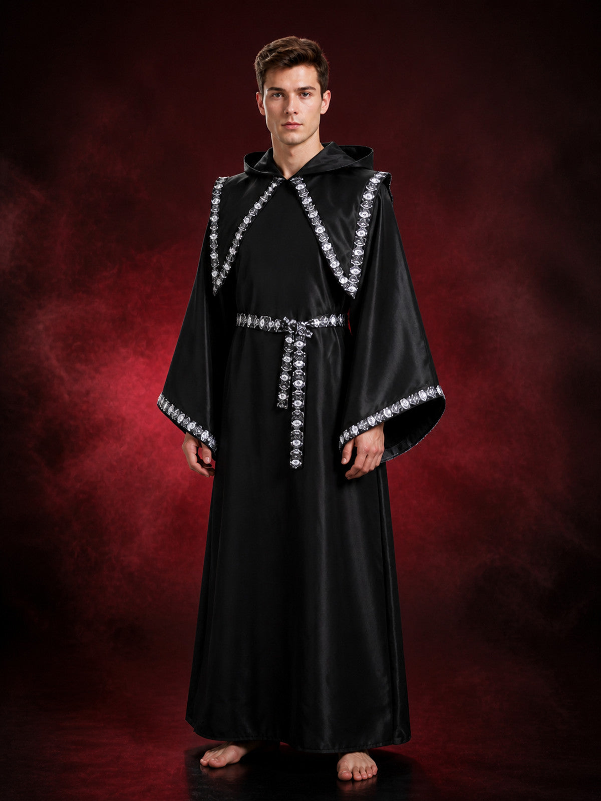 Black Hooded Wizard Robe Costume Set with Silver Sequin Trim and Belt main product view