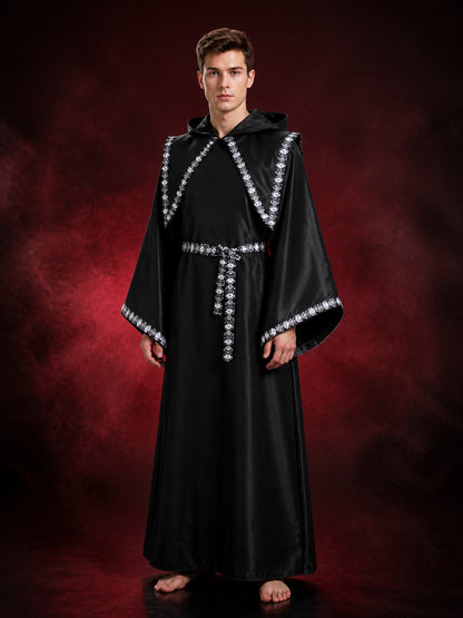 Black Hooded Wizard Robe Costume Set with Silver Sequin Trim and Belt main product view