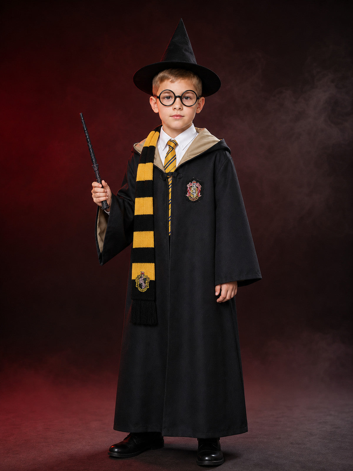 Children's Wizard Costume Set, Hooded Robe with Badge, Scarf, Tie, Hat, Glasses main product view