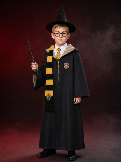 Children's Wizard Costume Set, Hooded Robe with Badge, Scarf, Tie, Hat, Glasses main product view