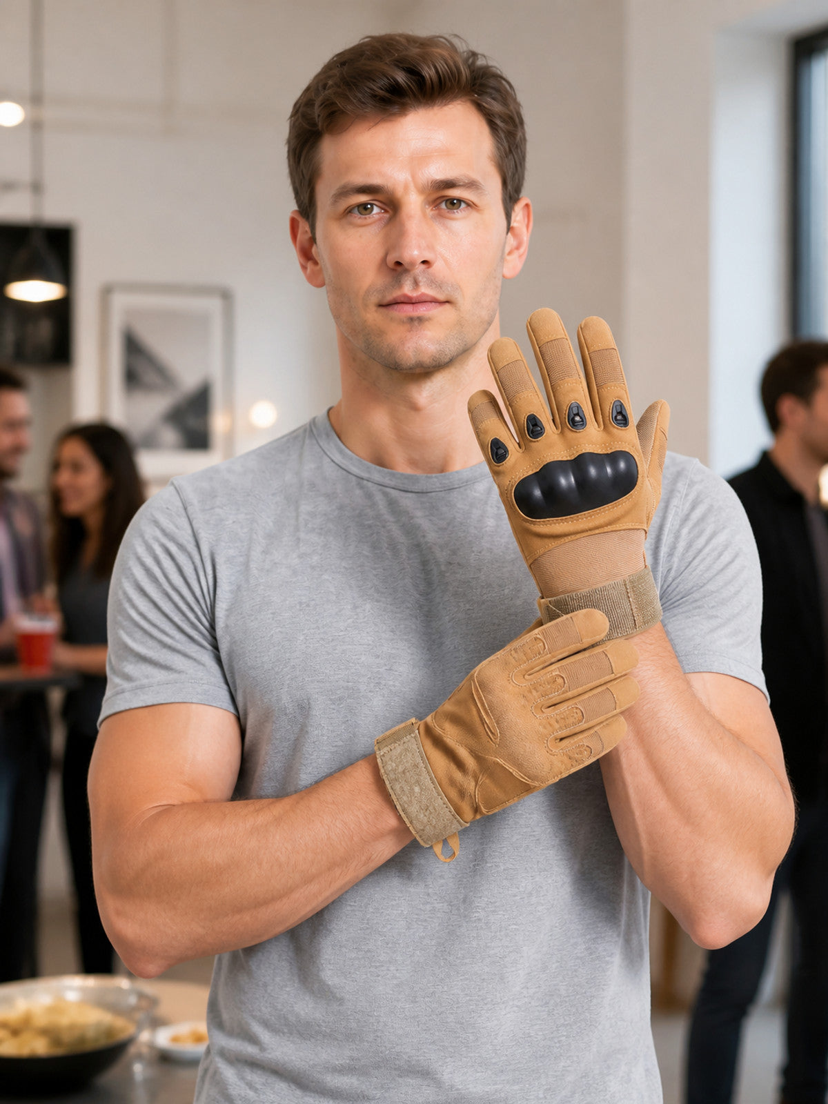 Sand-Colored Tactical Gloves with Protective Inserts lifestyle view
