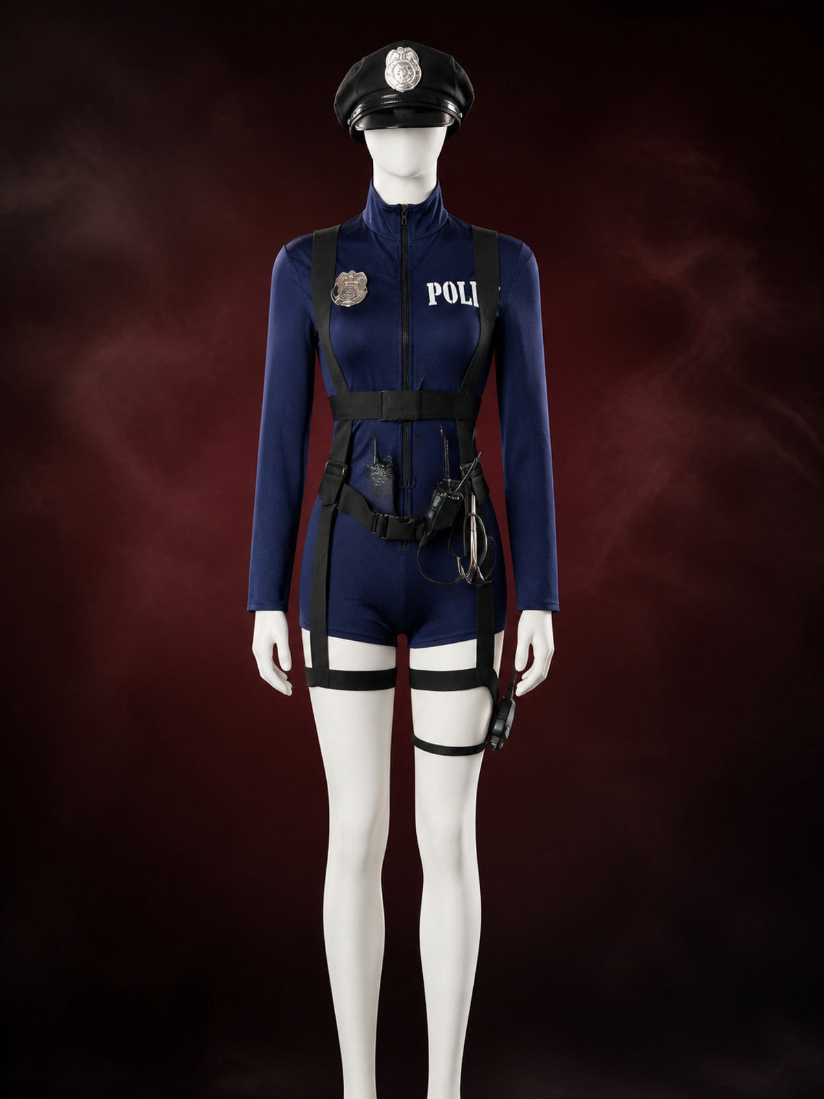 Police Costume Set with Dark Blue Jumpsuit, Hat and Prop Radio Cosplay Outfit main product view