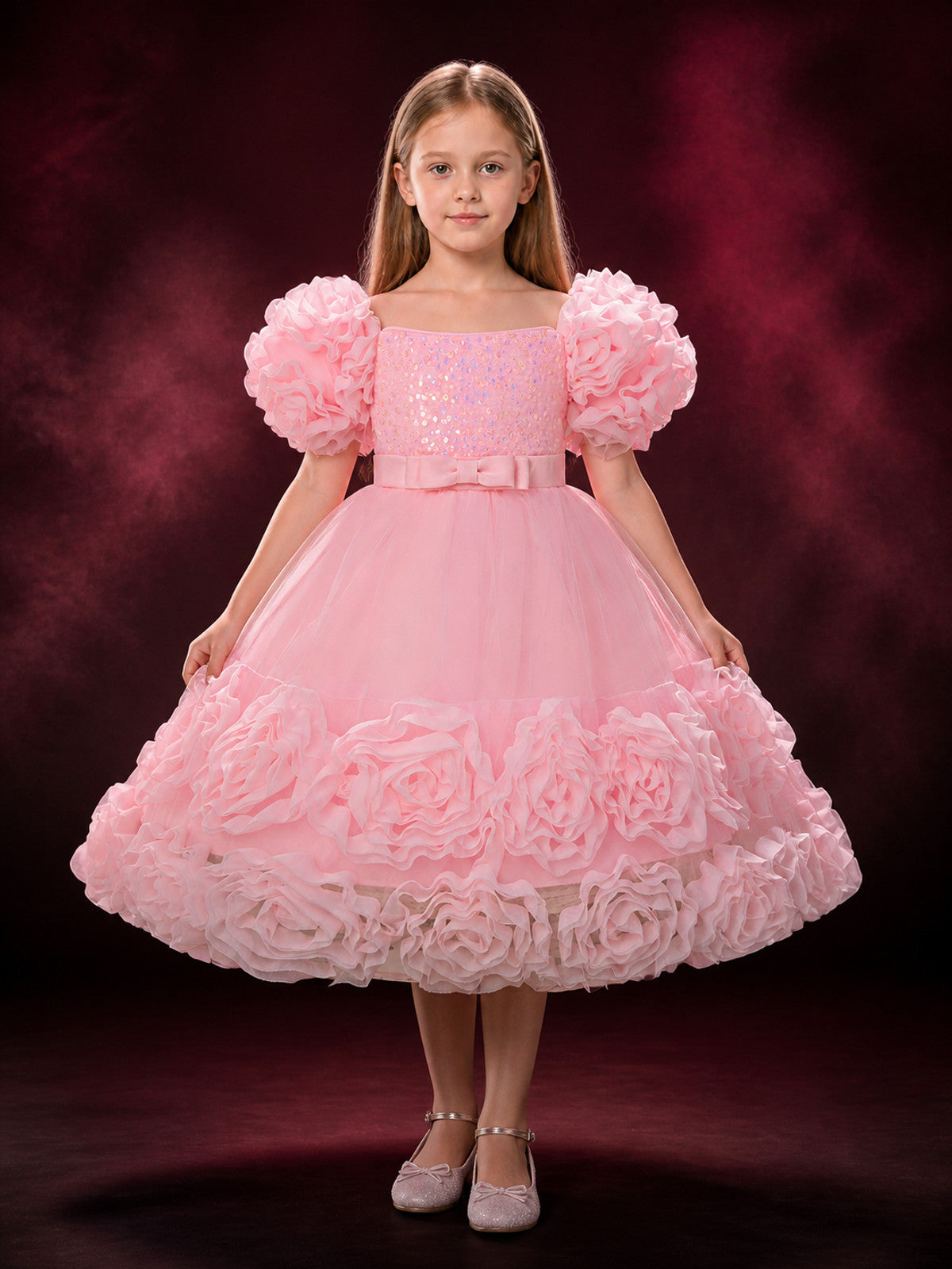 Baby Girls' Pink Princess Formal Dress with Sequins, Bow and Layered Ruffle main product view