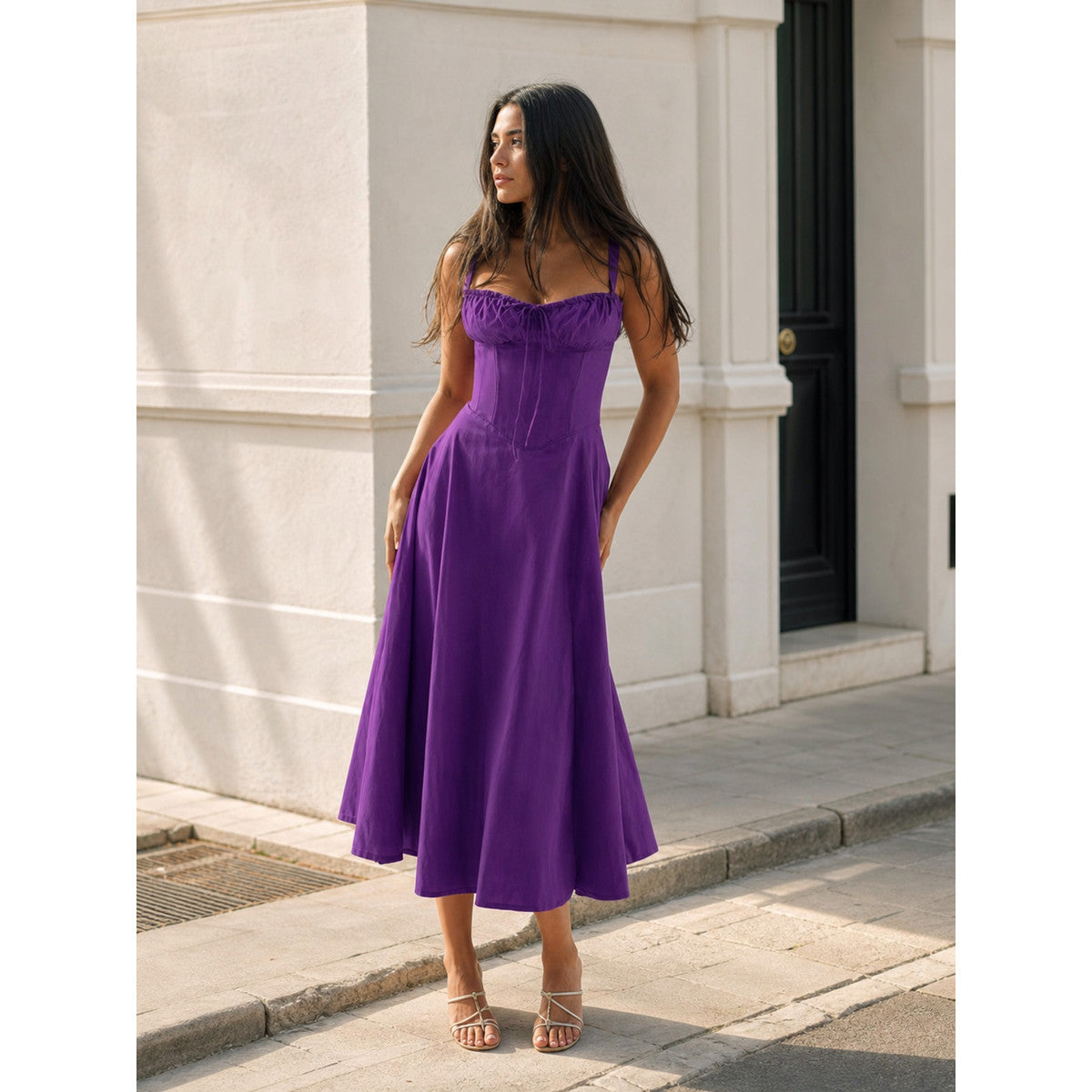 Women's purple spaghetti-strap dress with a waist accent