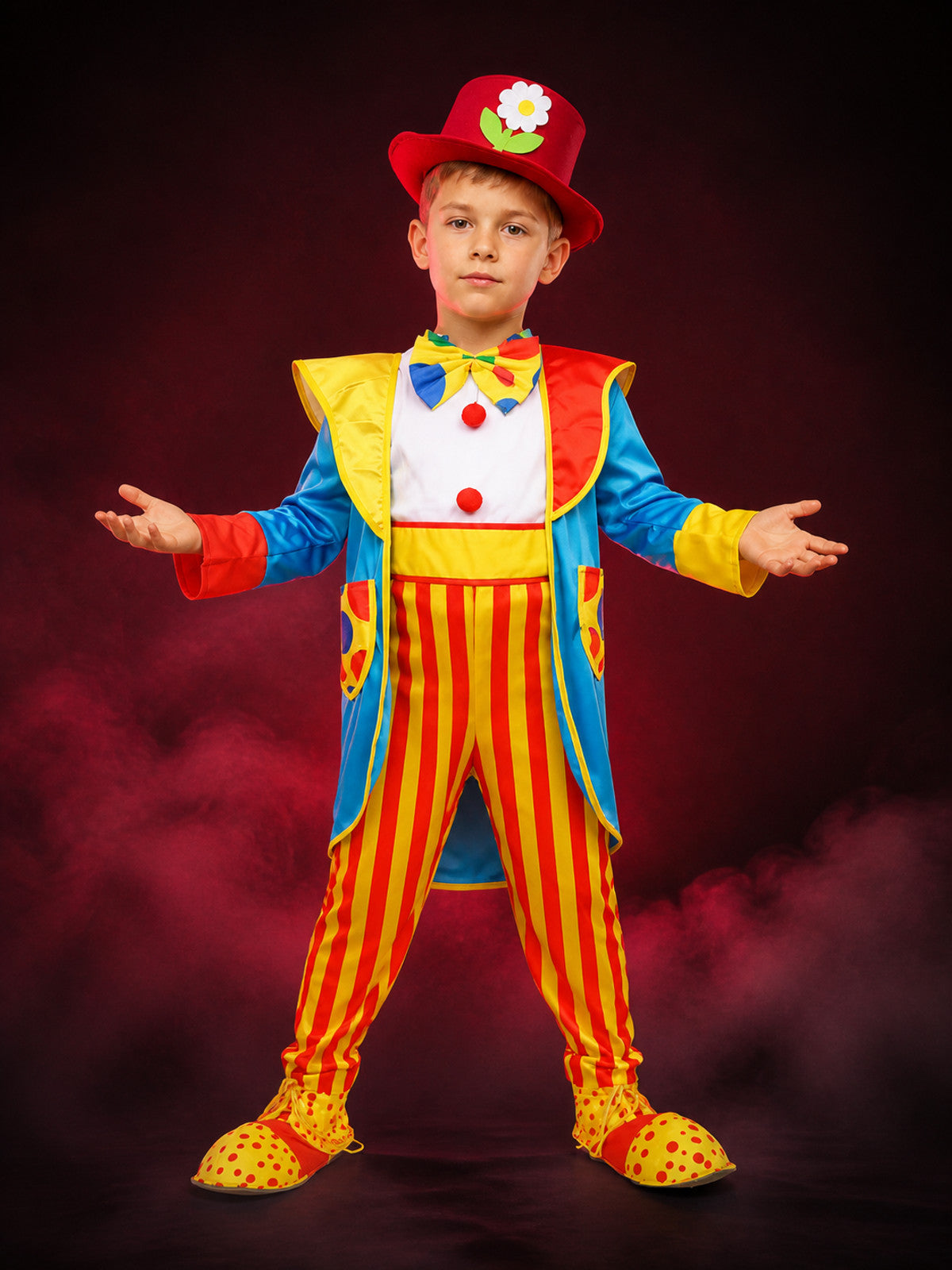 Boys Colorful Clown Circus Costume Set with Striped Jumpsuit, Jacket, Bow Tie main product view