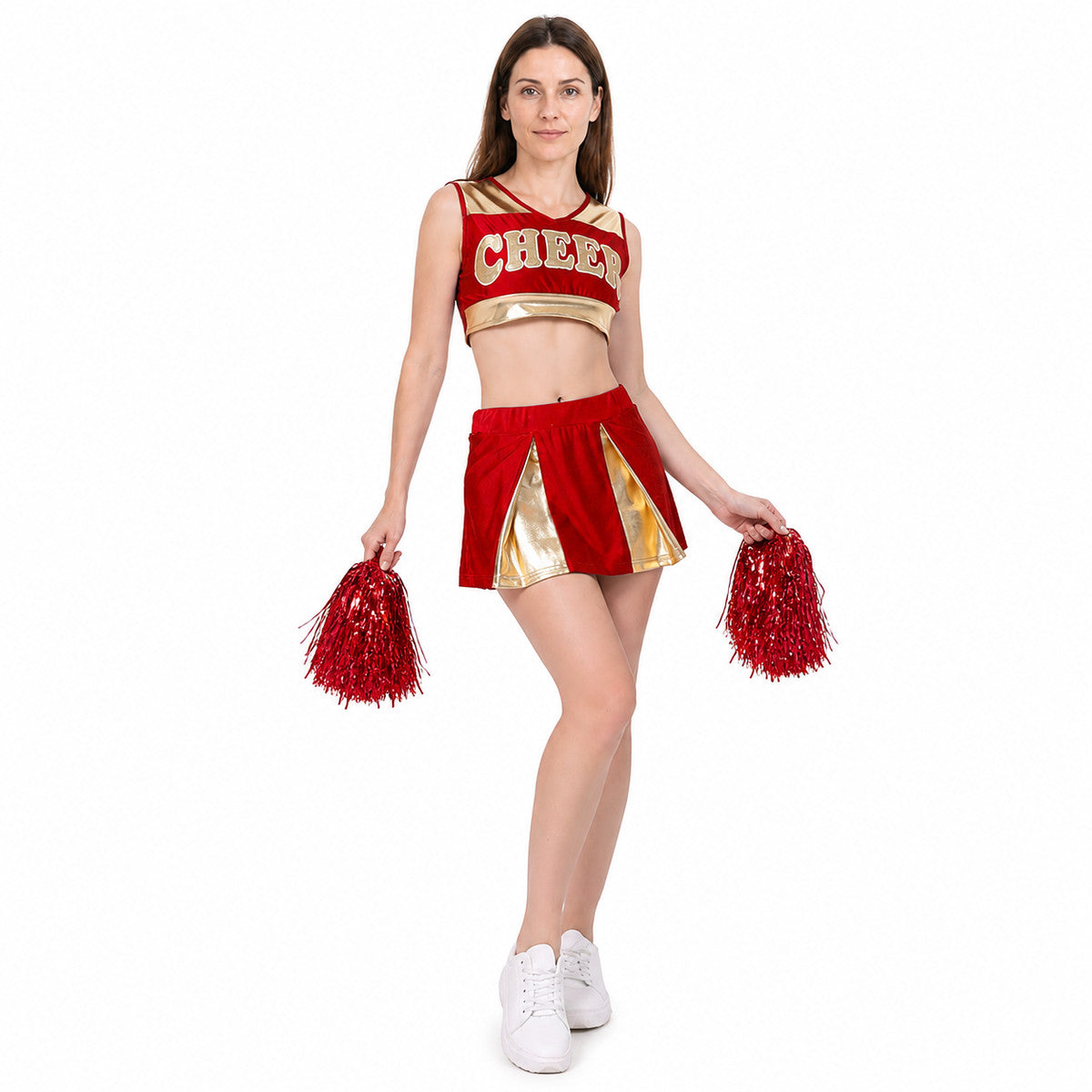 Red Cheerleading Set with Top, Skirt, and Pom-Poms on-model front view