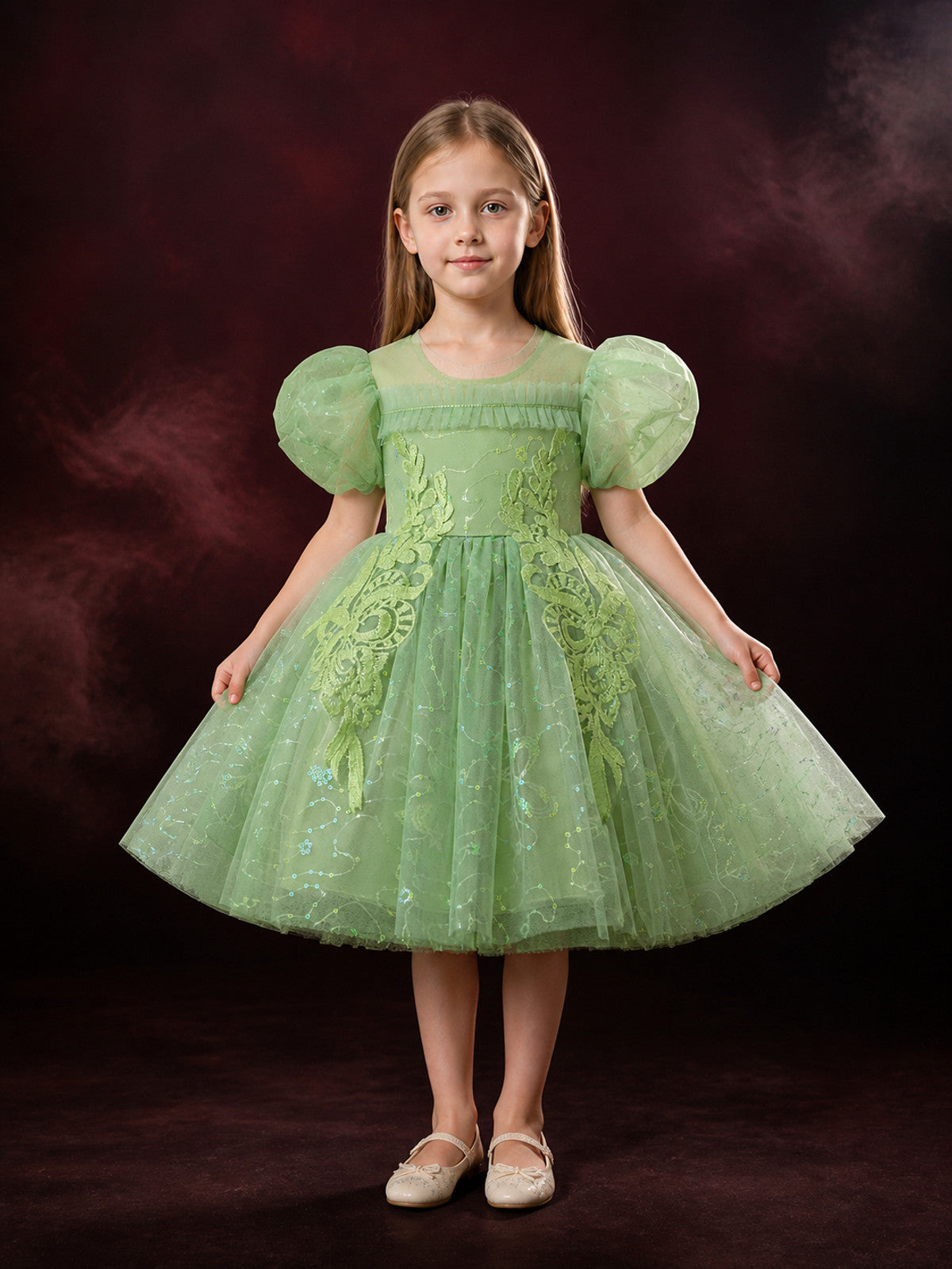 Girls' Mint Green Princess Dress with Puff Sleeves, Sequined Floral Embroidery main product view