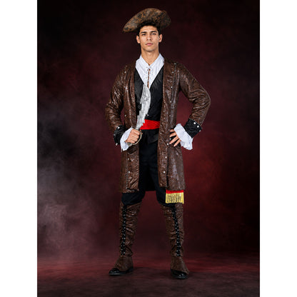 Adult Pirate Captain Halloween Costume Set, Brown Long Coat with Red Sash, Gold main product view