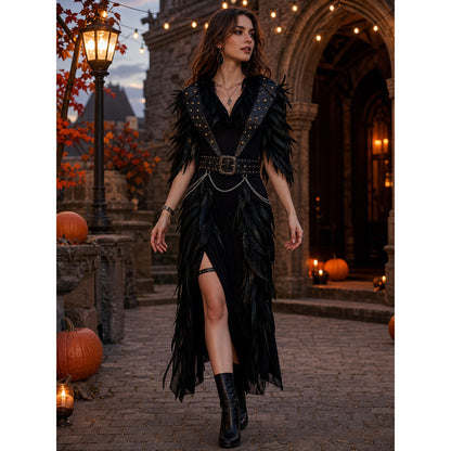 Halloween Costume Accessory Black Feather Trim Collar with Gold Studs Pointed Lapel, Metal Connector, 1pc Collar Accessory for Role Play Party