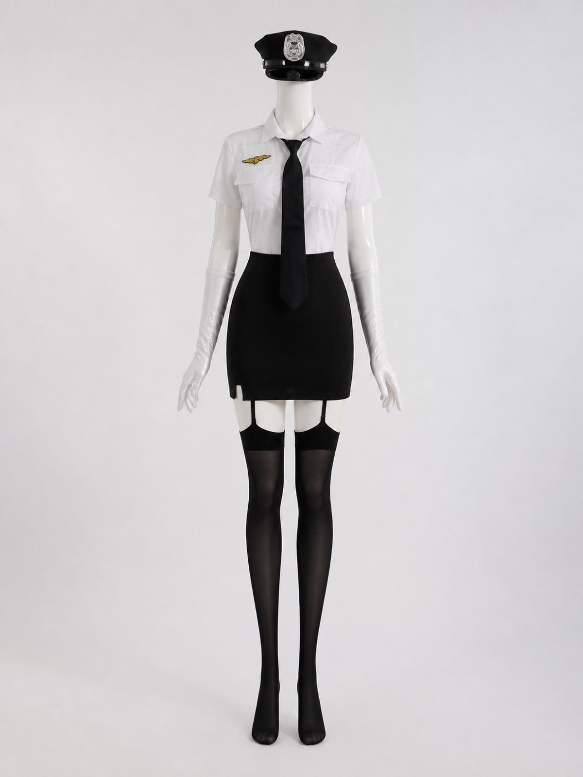 Women's Sexy Police Officer Costume Set, White & Black Uniform with Hat and
