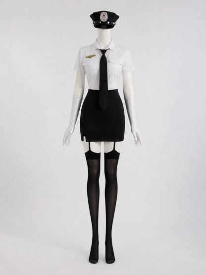 Women's Sexy Police Officer Costume Set, White & Black Uniform with Hat and