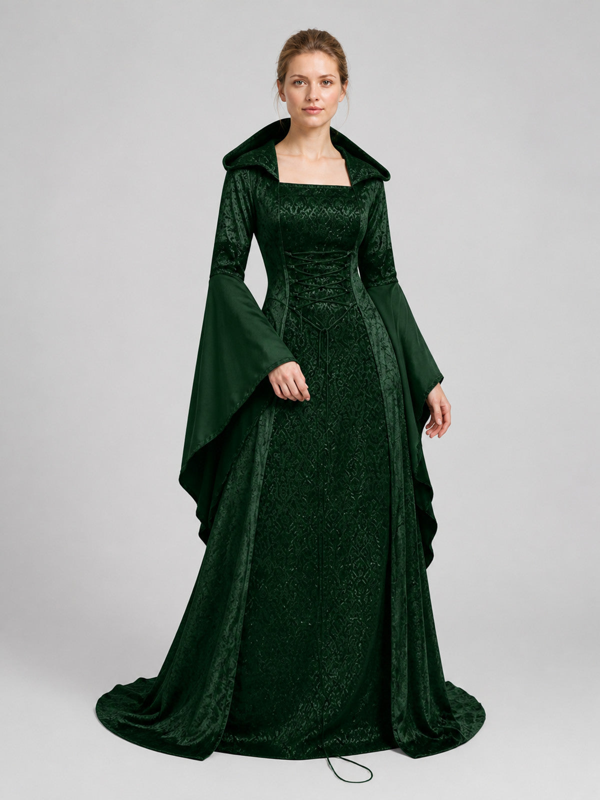 Gothic Hooded Dress with Waist Lacing Costume Dresses detail