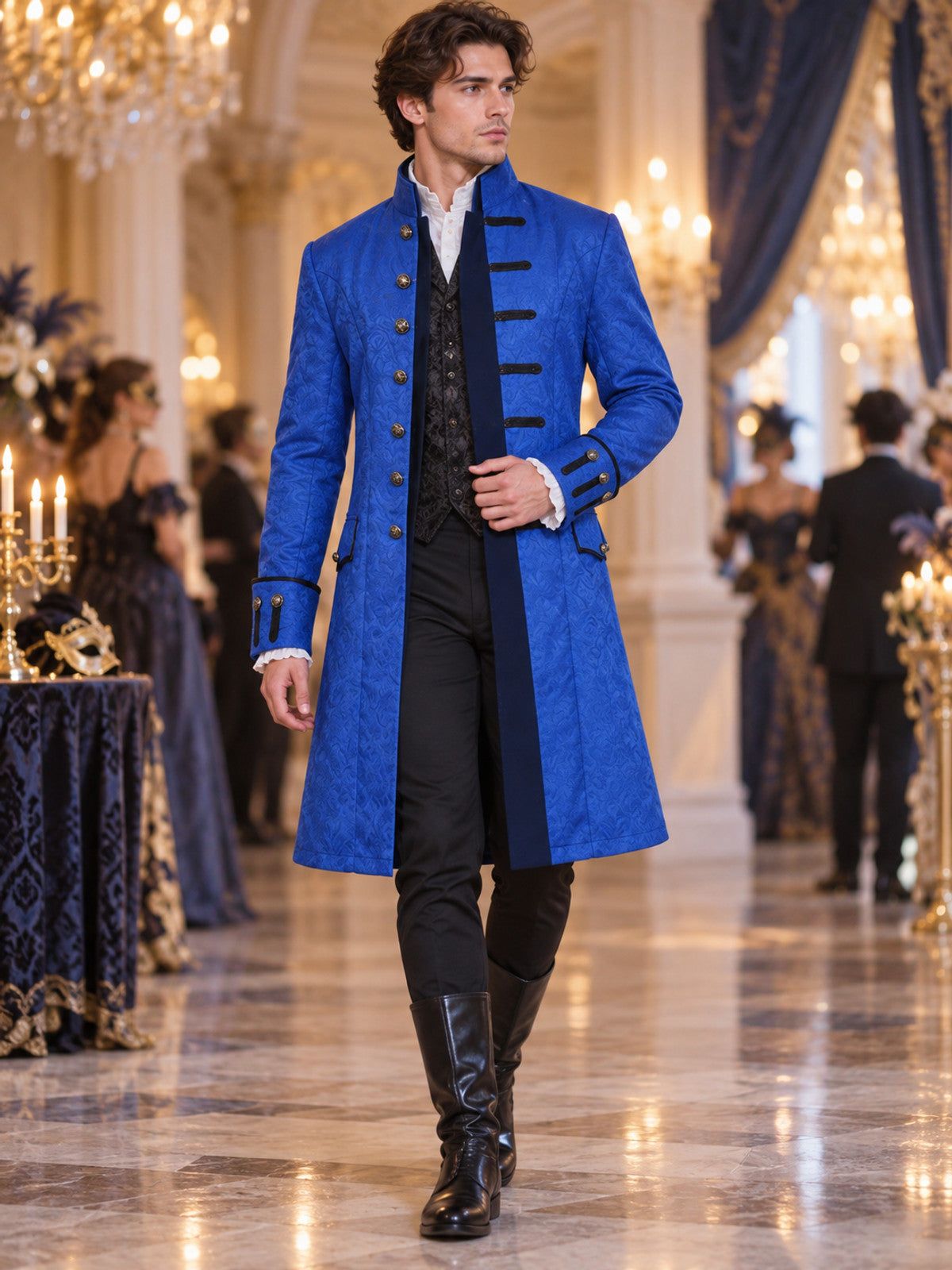 Long blue frock coat with black inset and buttons