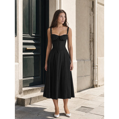 Women's Black Midi Dress with Thin Straps and Tie