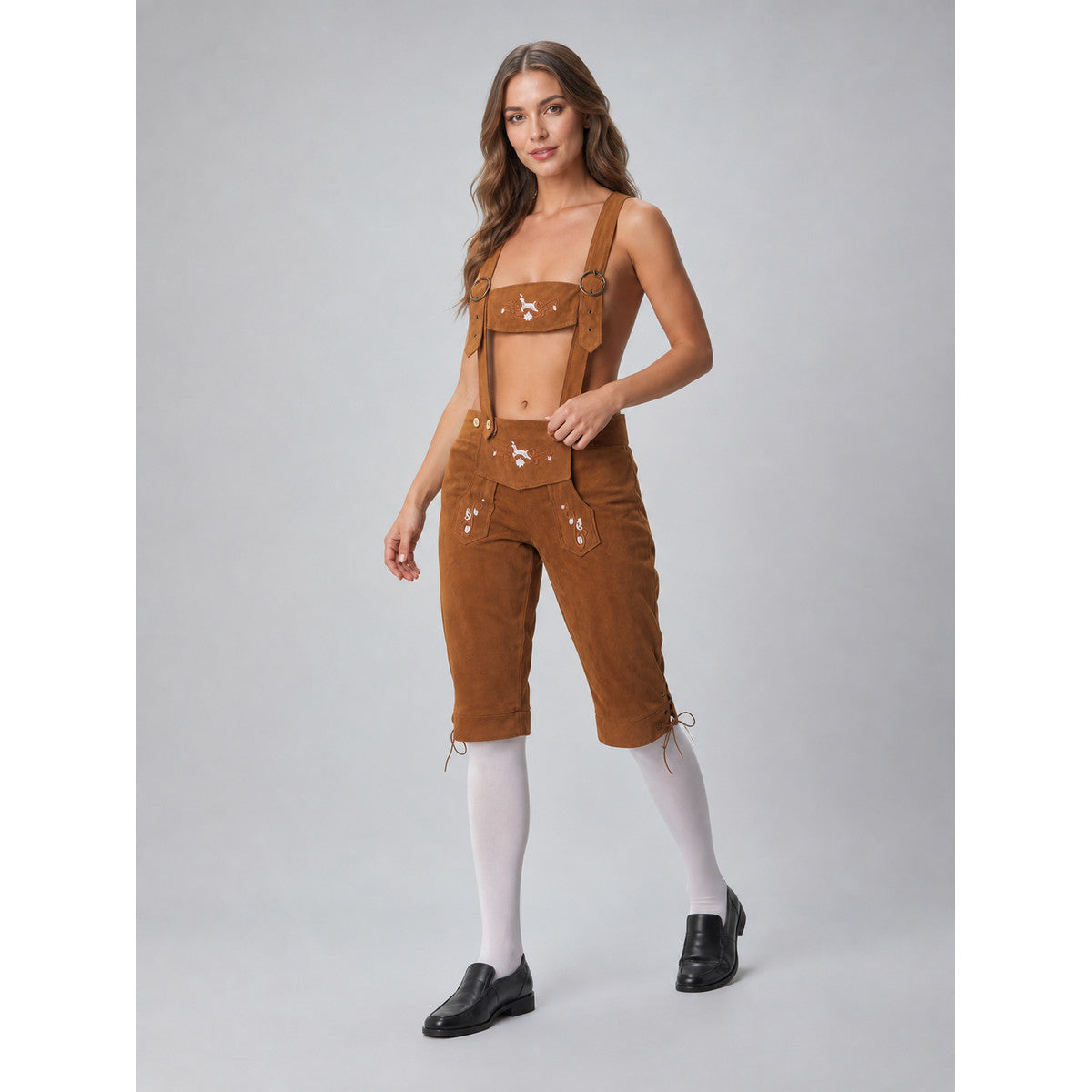 Brown folk role-play clothing designed as short shorts with a bib panel connected to shoulder suspenders and extending to the waistline. The outfit features an ethnic style and several front pockets, including pockets on the bib and shorts.
