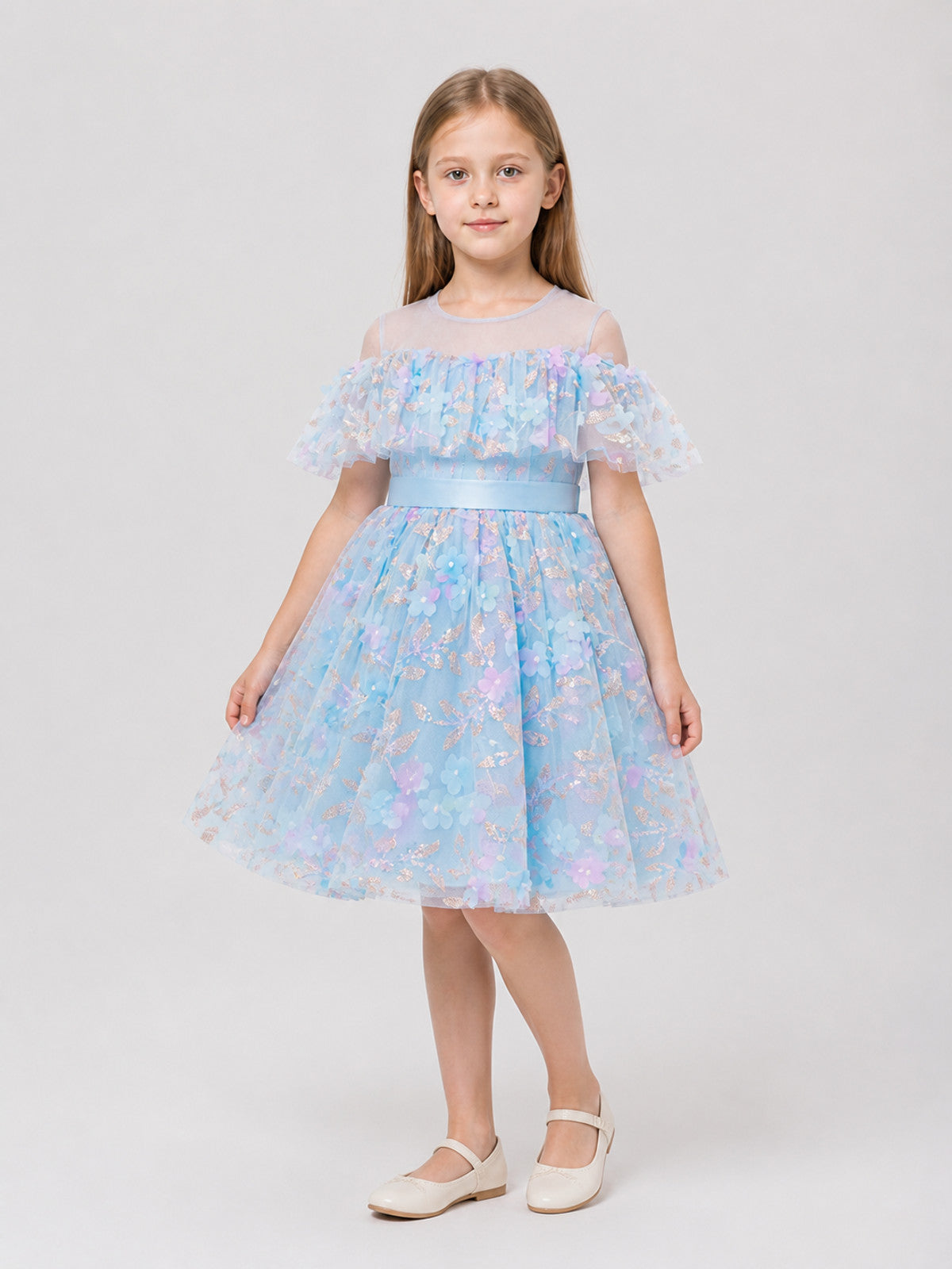 Blue Princess Dress with Flowers and a Full Skirt