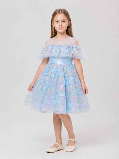 Blue Princess Dress with Flowers and a Full Skirt