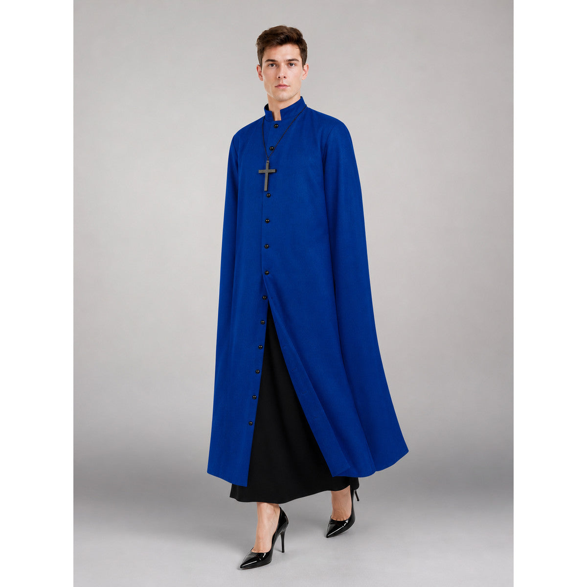 This is a long blue straight-cut robe with long sleeves, a high stand collar occasion guide