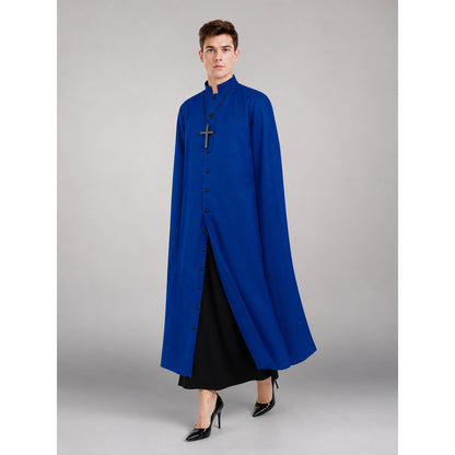 This is a long blue straight-cut robe with long sleeves, a high stand collar occasion guide