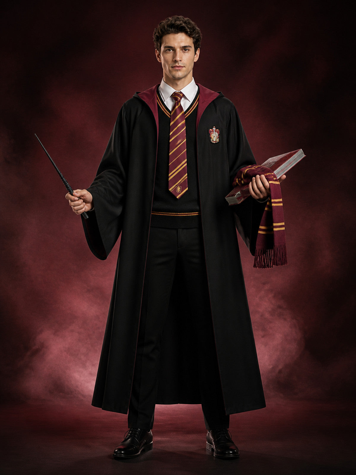 Kids Wizard Costume Set with Hooded Robe, Vest, Tie, Scarf and Wand main product view