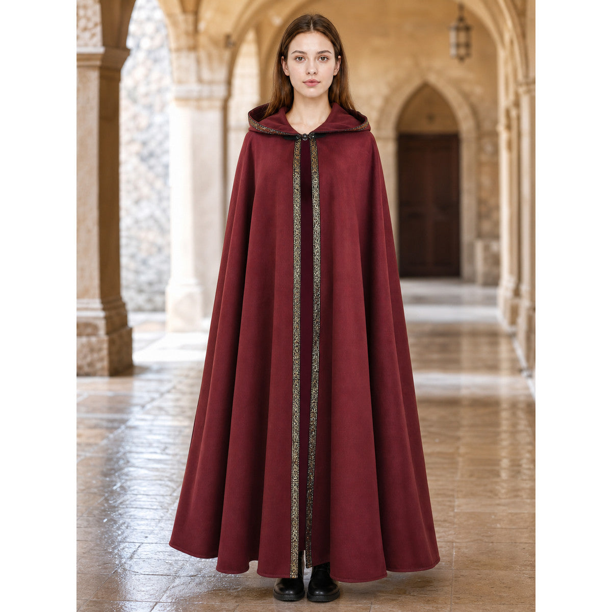 Carnival burgundy hooded cloak with trim lifestyle