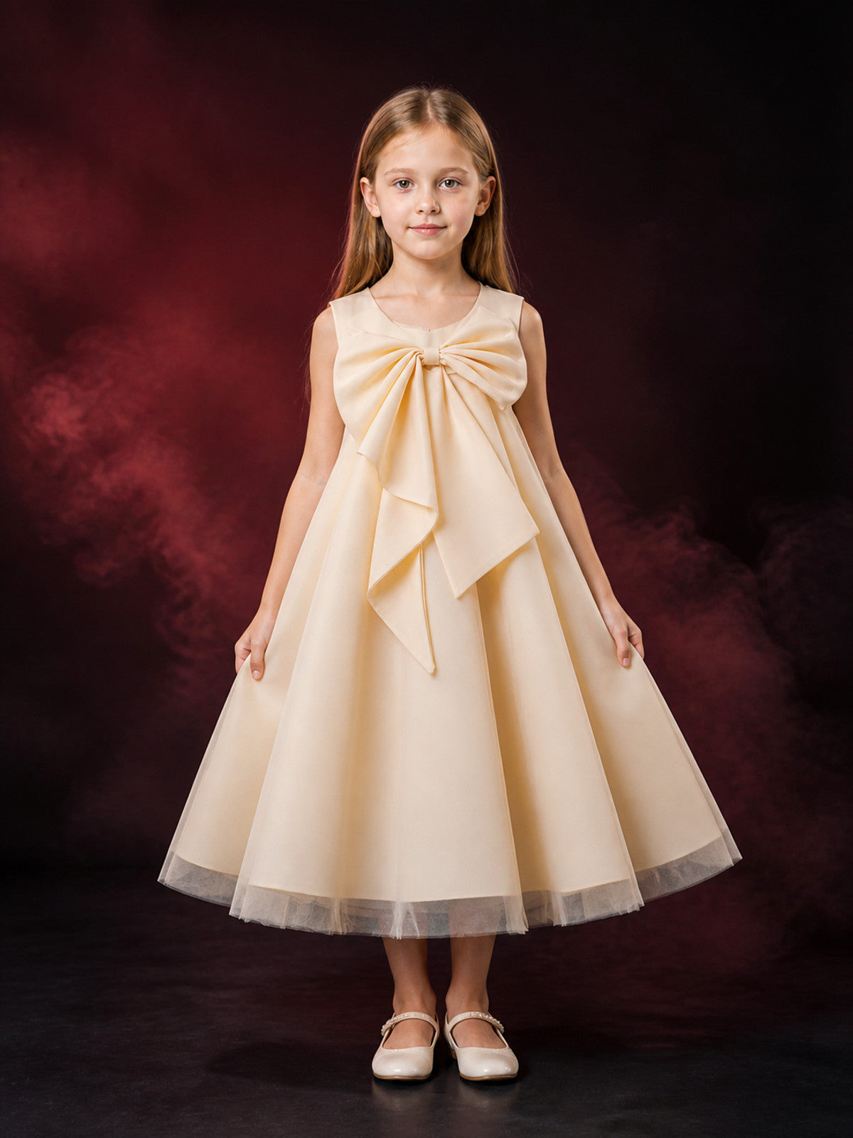 Girls' Champagne Flower Girl Dress with Large Bow and Layered Tulle Skirt main product view
