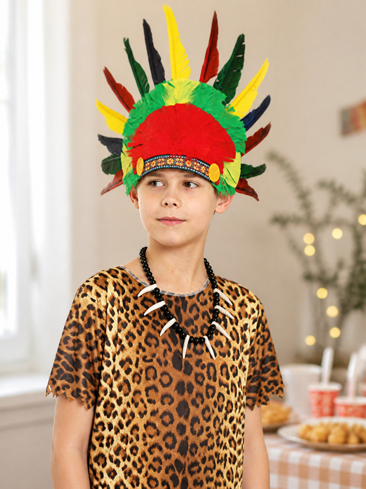 Indian-style carnival headdress with multicolored feathers lifestyle view