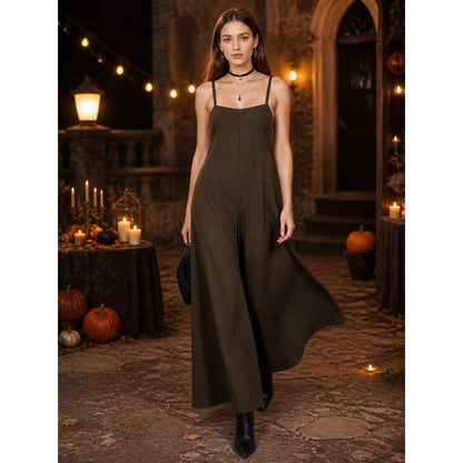 Brown Wide-Leg Suspender Jumpsuit, Full-Length One-Piece Overall With Thin Shoulder Straps, Bib Front And Flared Leg Silhouette