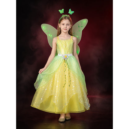 Girls' Princess Dress Costume with Butterfly Wings, Green & Yellow Star and Vine lifestyle