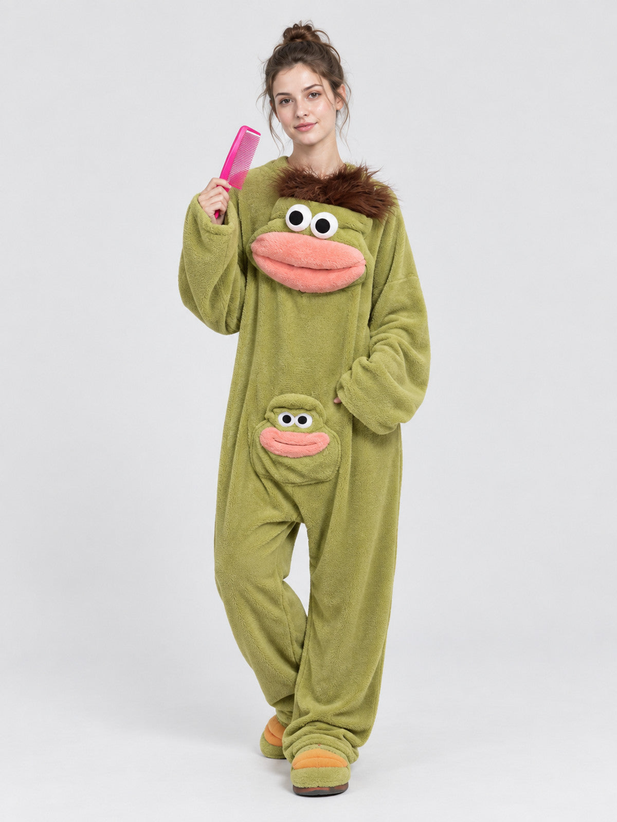 Olive Green Pajama Jumpsuit with Cartoon Design