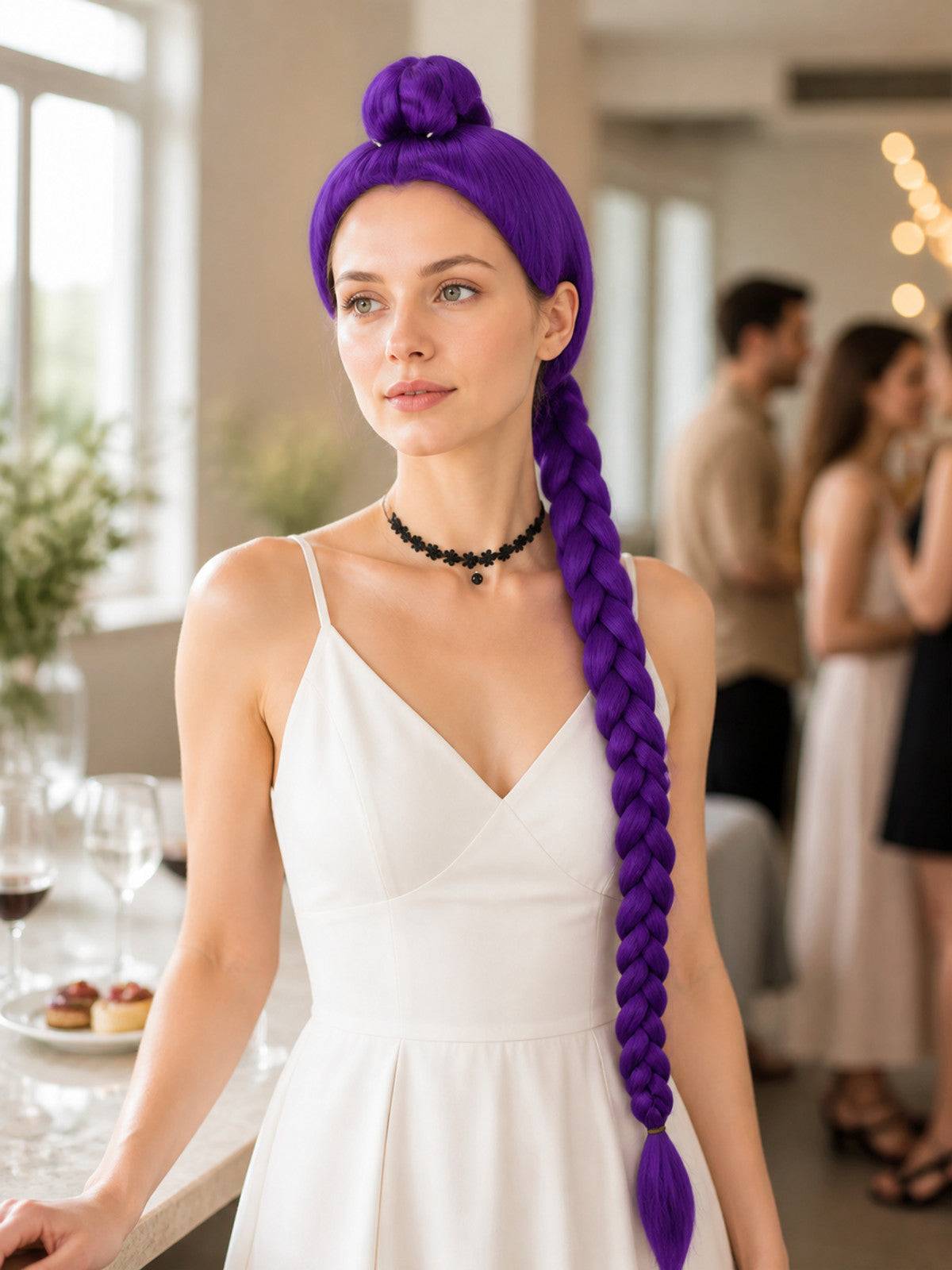 Purple Carnival Wig for Halloween and Cosplay lifestyle view