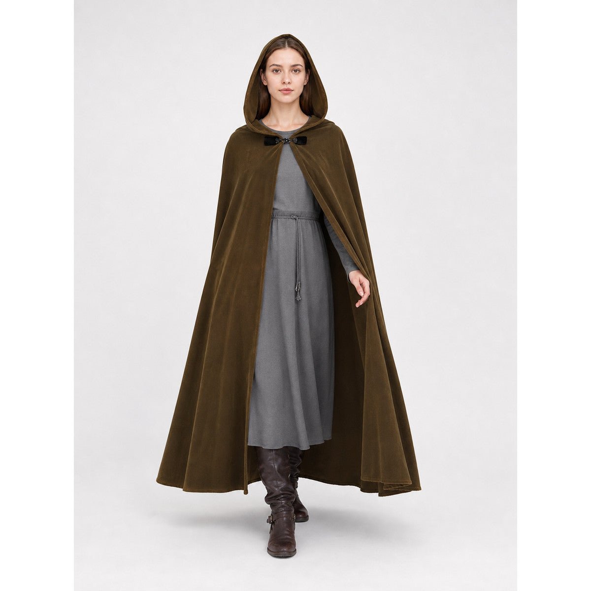 Olive hooded cloak with an open front, shown full-body on a model over a gray dress and tall boots