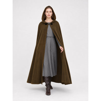 Olive hooded cloak with an open front, shown full-body on a model over a gray dress and tall boots